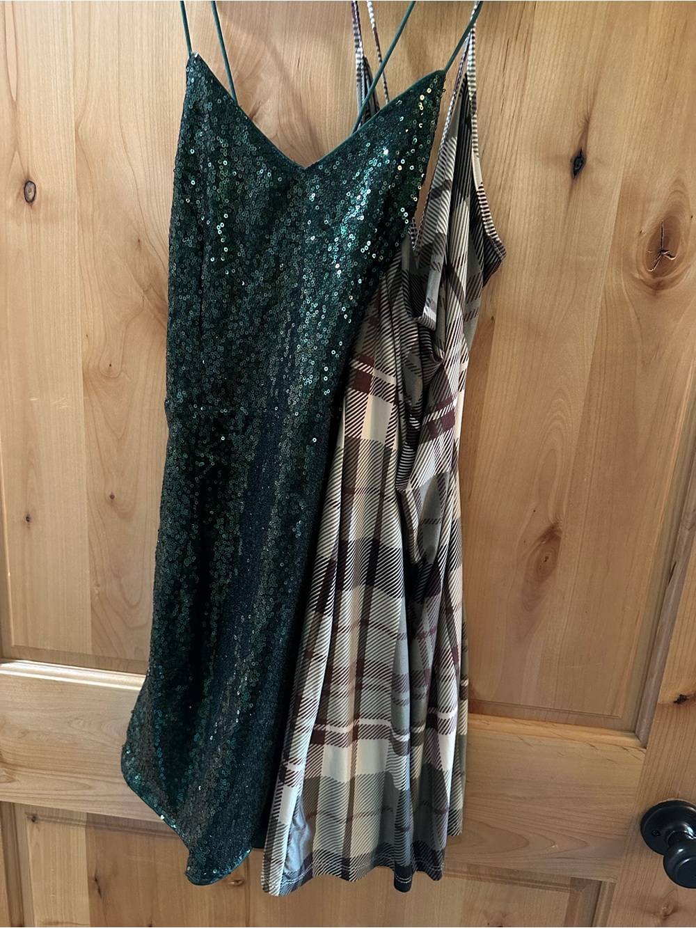 Emerald Green Sequin Dress with Spaghetti Straps & soft plaid dress (bundle)